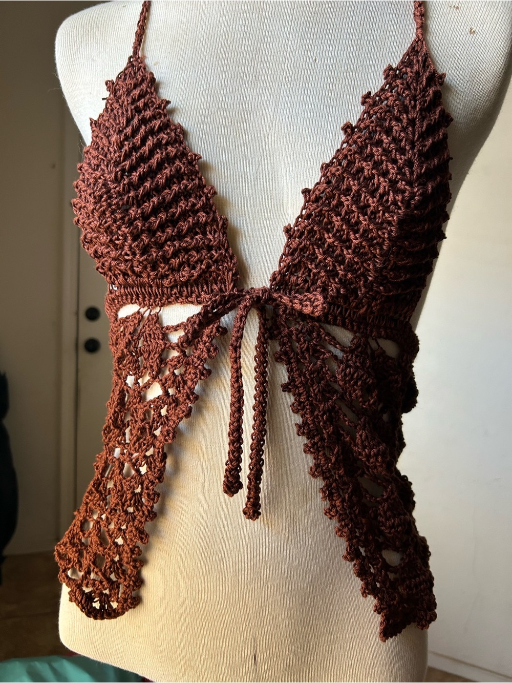 Hand-Crocheted Chocolate Brown Lace Halter Top | 100% Giza Cotton | Open-Side